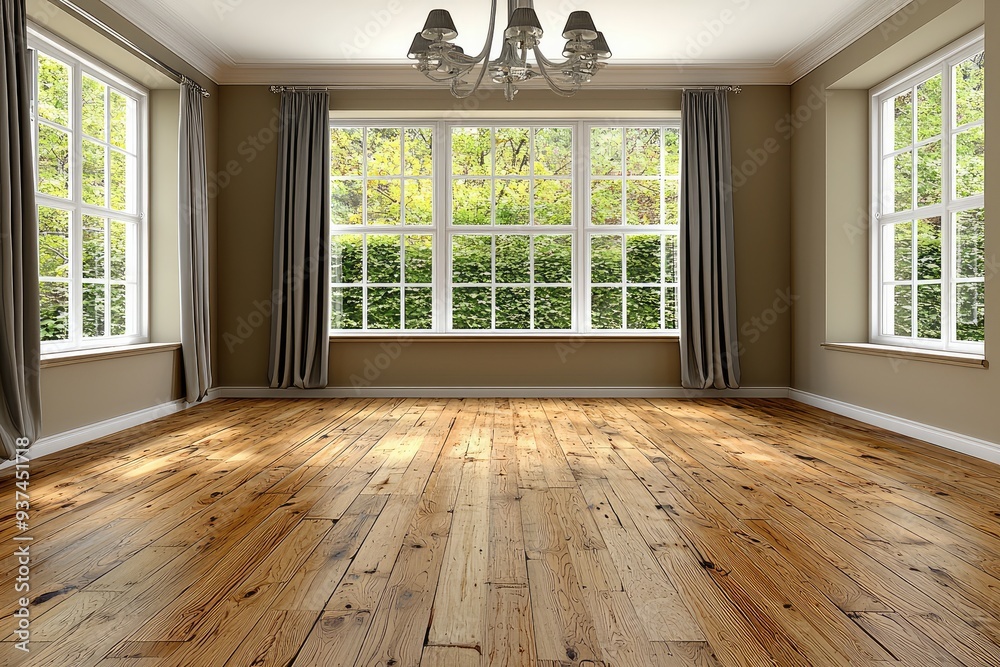 Fototapeta premium Spacious room with wooden flooring and large windows