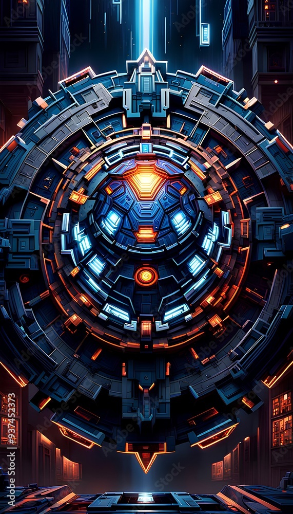 Obraz premium Cyberpunk Circular Mechanical Structure, Intricate Design