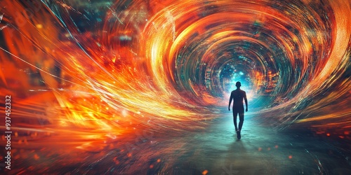 Focused image of a virtual reality portal, vivid colors and digital elements swirling, user on the brink of entering a new world photo