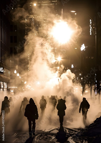 Silhouettes of People Walking in Foggy City Street at Night