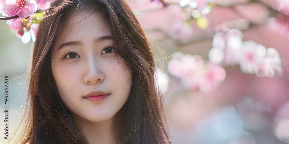 Asian Woman in Pink Blossoms