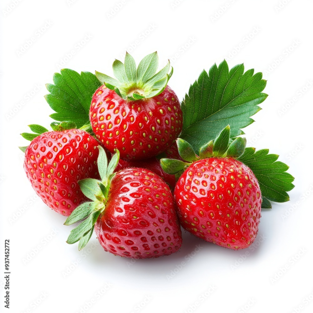 Ripe red strawberry fruit with leaves isolated on white background. Healthy eating menu