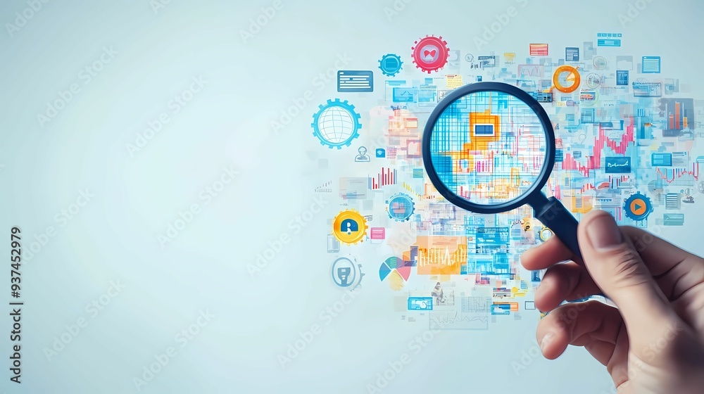 Fototapeta premium A hand holding a magnifying glass over various digital icons and graphs, symbolizing analysis and examination in business.