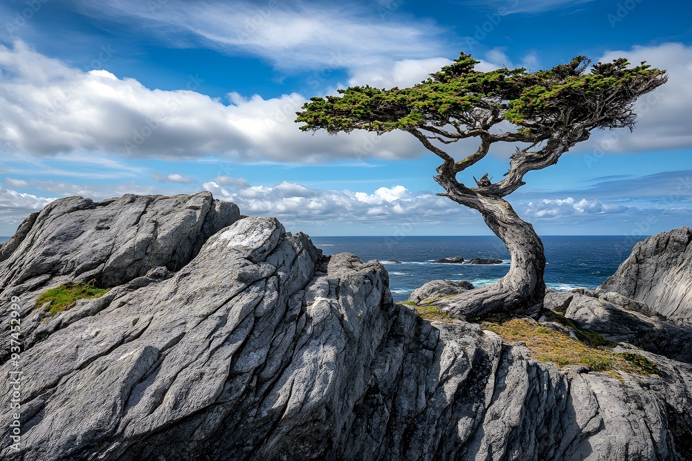 Lone Tree on Rocky Coastline with Blue Sky and Clouds Lone Tree on Rocky Coastline with Blue Sky and Clouds