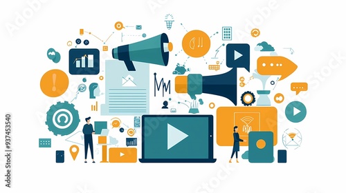 Creative digital marketing collages with icons, charts, and multimedia elements for communication strategy and engagement.