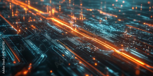 encrypted data streams passing through a secure network, visualized as glowing pathways