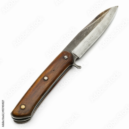 A vintage, well-worn folding knife with a wooden handle and a steel blade. The knife is isolated on a white background.