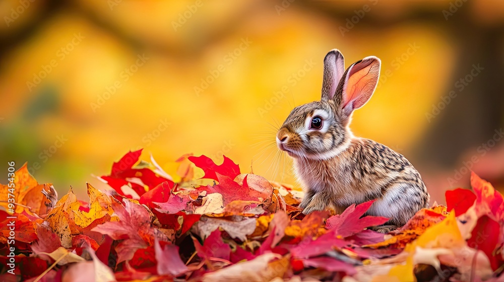 Curious rabbit hopping out of a pile of red and yellow autumn leaves in park Curious rabbit hopping out of a pile of red and yellow autumn leaves in park
