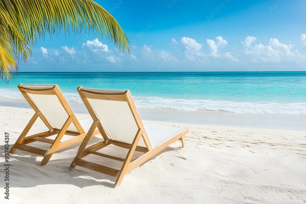 Two Beach Loungers on a White Sandy Beach Two Beach Loungers on a White Sandy Beach