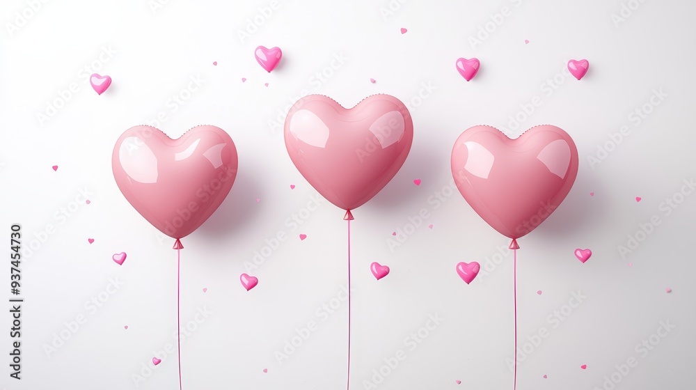 Three Pink Heart-Shaped Balloons with Confetti on a White Background Three Pink Heart-Shaped Balloons with Confetti on a White Background