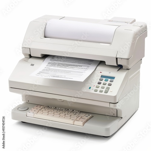 A white office fax machine with a document feeder and a built-in keypad.