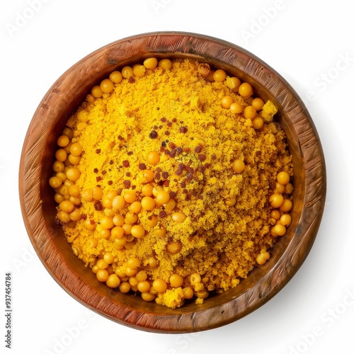 A wooden bowl filled with yellow mustard seeds and powder. photo