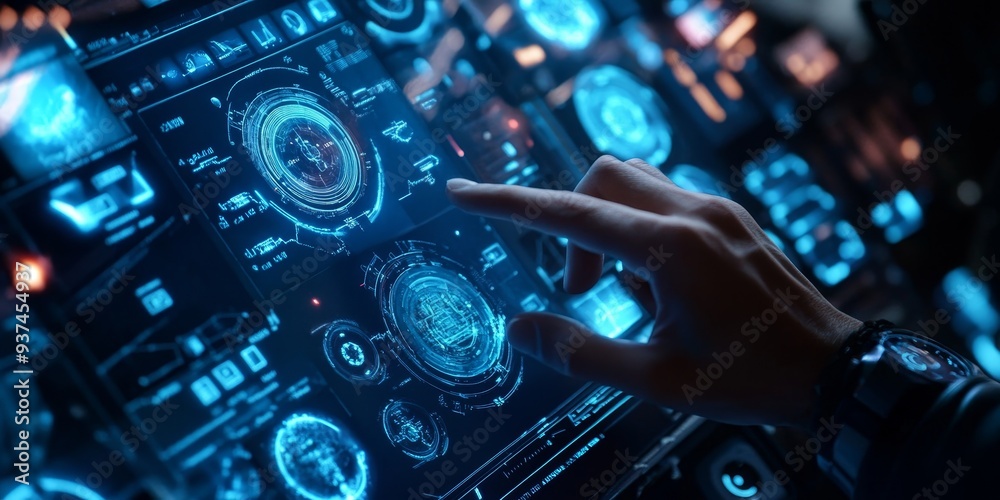 Macro shot of an interactive VR control panel, user navigating through a richly detailed virtual environment, seamless immersion