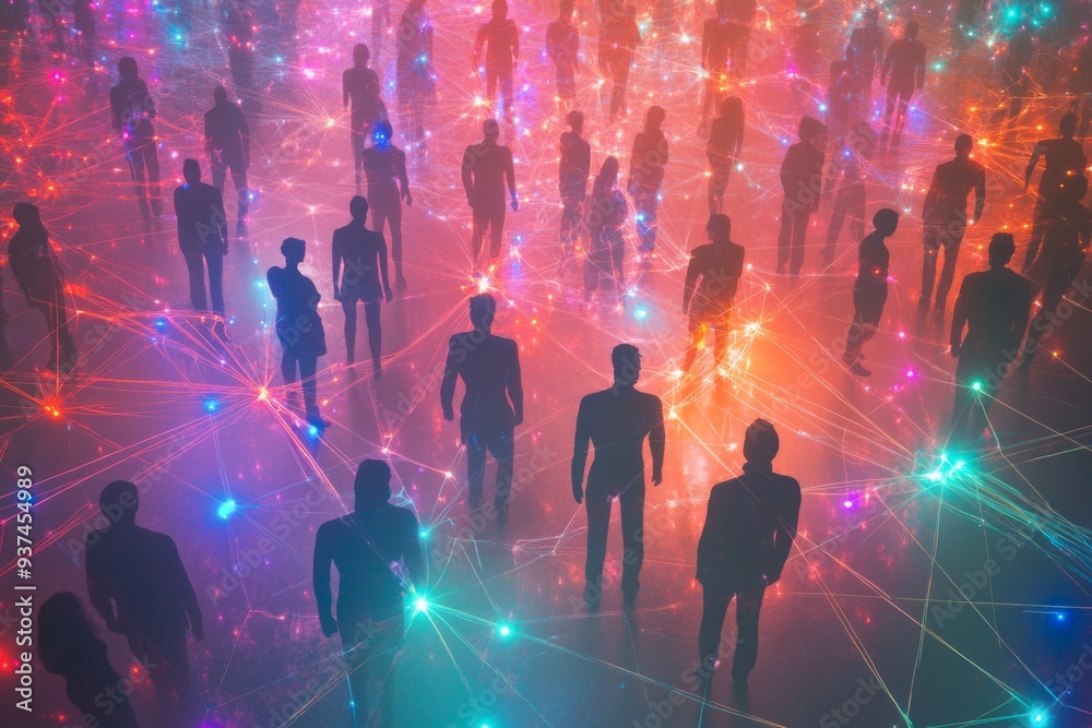 A vibrant digital landscape filled with silhouetted figures represents the connections between individuals in a virtual space. The colors symbolize diversity and unity. Generative AI A vibrant digital landscape filled with silhouetted figures represents the connections between individuals in a virtual space. The colors symbolize diversity and unity. Generative AI
