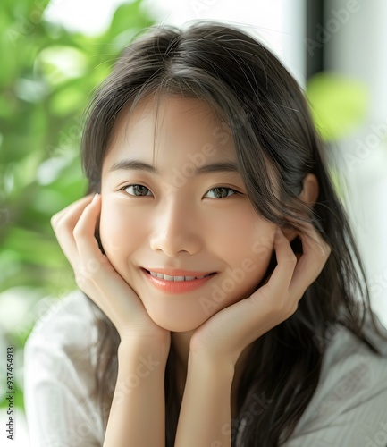 Portrait of a Smiling Young Asian Woman with Long Black Hair