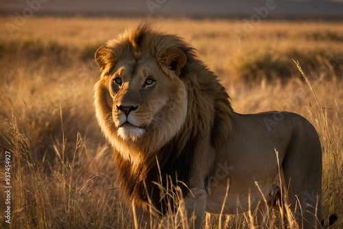 A powerful and majestic lion standing proudly in the golden light of the savanna, epitomizing strength, nobility, and the wild beauty of nature.