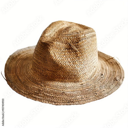 A woven straw hat with a wide brim and a slightly indented crown.  The hat is a light brown color and has a natural, rustic look. photo