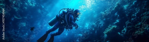 Wallpaper Mural A scuba diver swims through a dark, blue, underwater cavern with a ray of light shining through the water. Torontodigital.ca