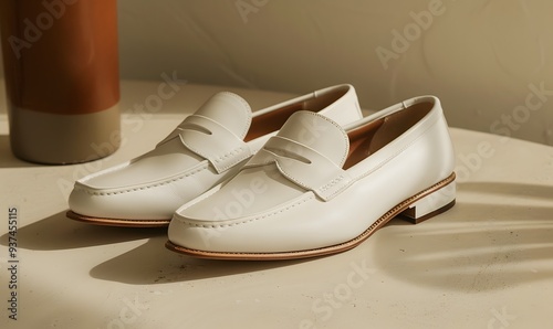 White lather loafer mules shoes on beige.  photo