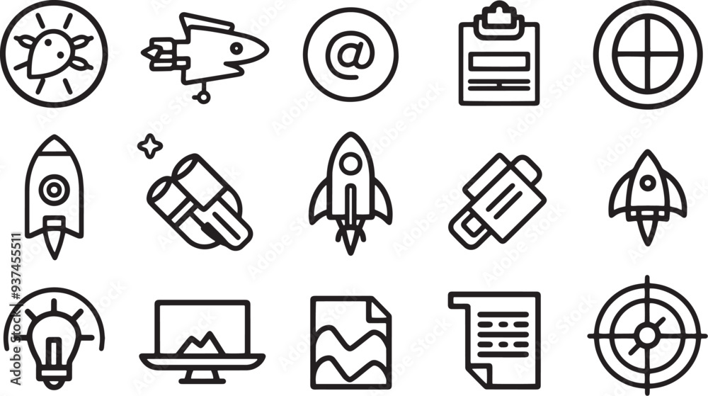 Fototapeta premium A simple vector icon set featuring a startup launch, scalable solutions, SaaS platform, and innovation hub 