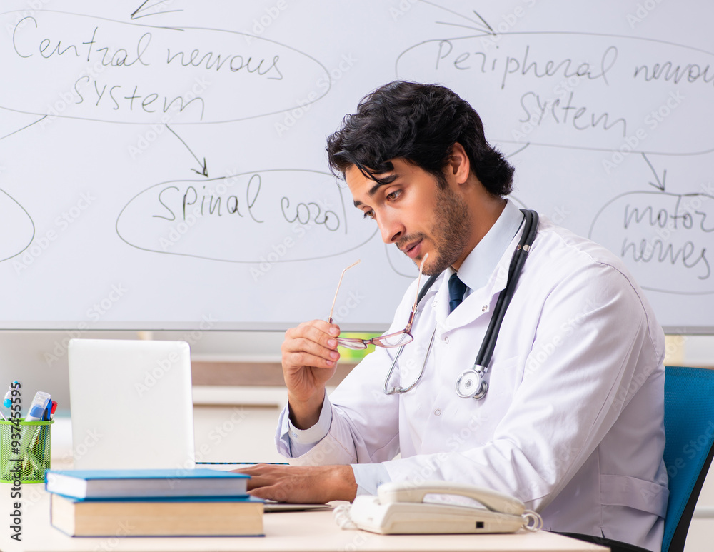 Young male doctor neurologist in front of whiteboard Young male doctor neurologist in front of whiteboard