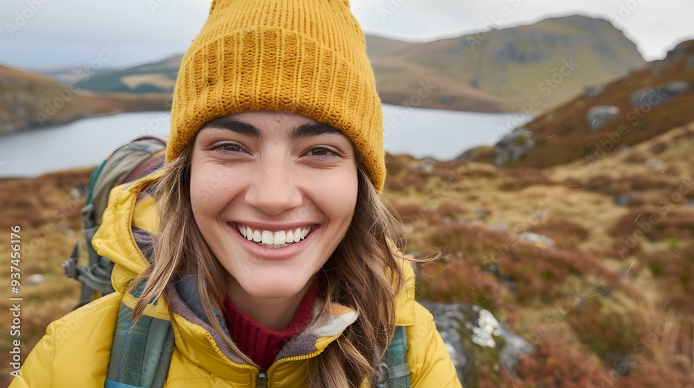 Smiling Woman in Yellow Jacket Hiking in the Mountains Smiling Woman in Yellow Jacket Hiking in the Mountains
