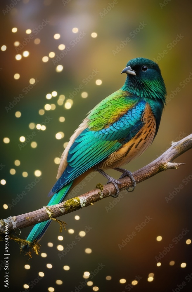 Fototapeta premium A vibrant bird perched on a branch with a blurred background of soft lights.