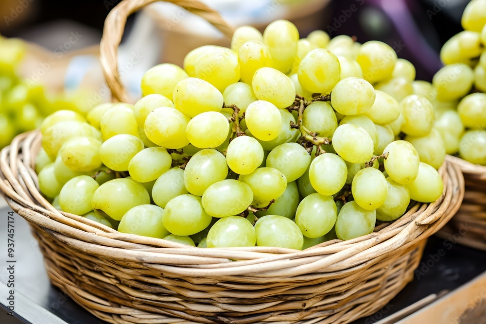 Close Up of Fresh Green Grapes in Wicker Basket Close Up of Fresh Green Grapes in Wicker Basket