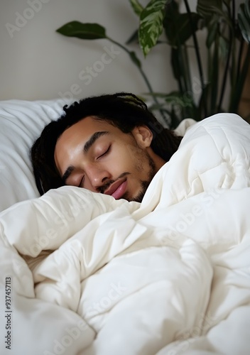 Man Sleeping in Bed with White Bedding