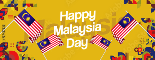 Malaysia Day Banner with modern geometric ornaments. Wide background design suitable for greetings celebrating Malaysia National Day and Independence Day.