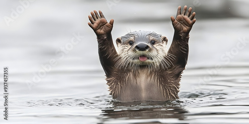 Goofy otter playing happily in the water photo