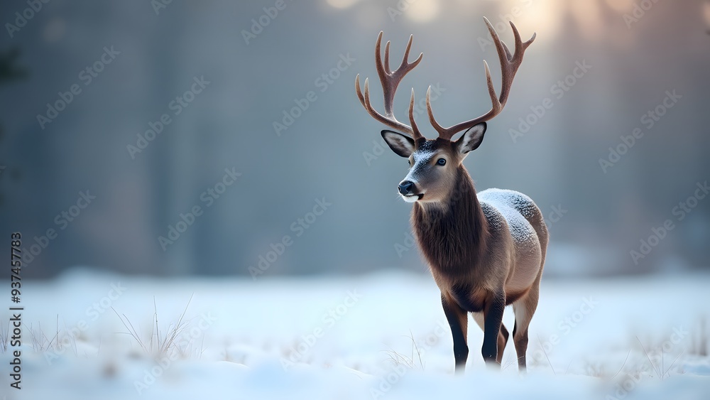 A majestic deer with large antlers standing in a snow-covered field during winter A majestic deer with large antlers standing in a snow-covered field during winter