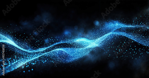 Abstract blue particles wave is flowing, particles are glowing and forming a line on black background. High quality photo