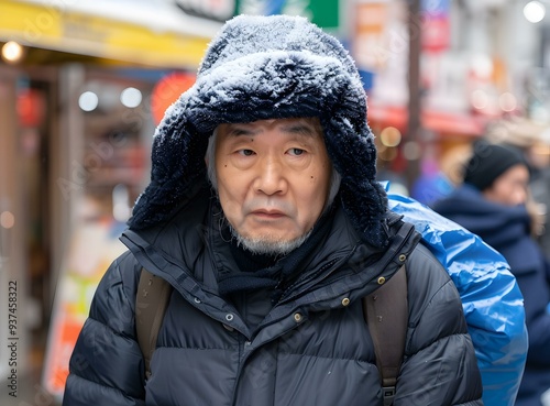 Man in a Winter Jacket with Snow on His Hood