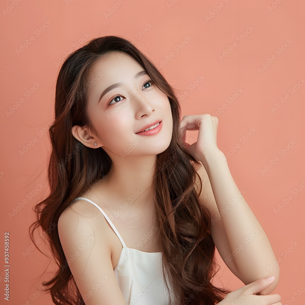 Portrait of Beautiful Asian Woman with Long Brown Hair Smiling Looking Up Portrait of Beautiful Asian Woman with Long Brown Hair Smiling Looking Up