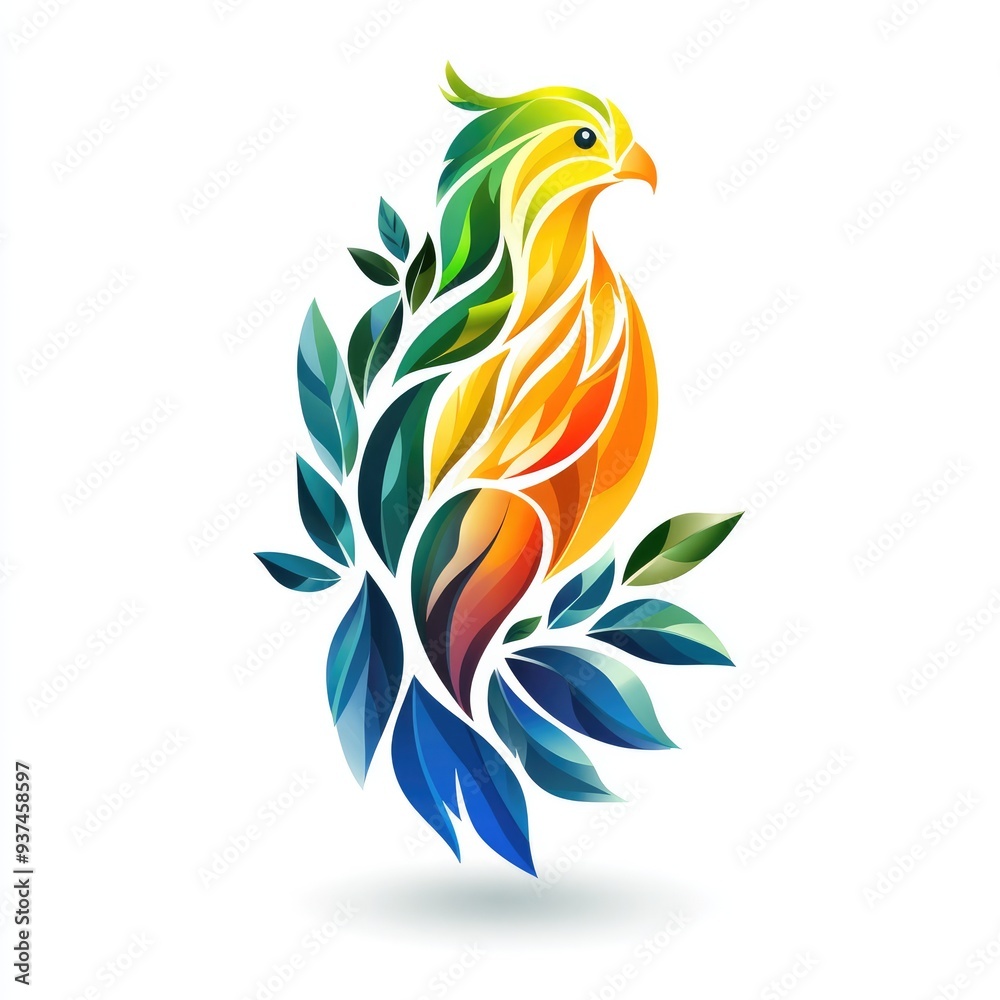 Obraz premium Colorful abstract representation of a bird with leaves, symbolizing nature and creativity