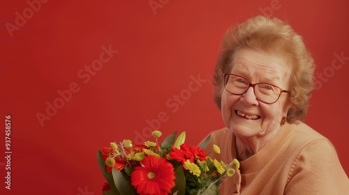 Joyful Elderly Woman with Glasses Smiling Warmly While Holding a Vibrant Bouquet of Flowers Against a Red Background, Symbolizing Happiness and Vitality photo