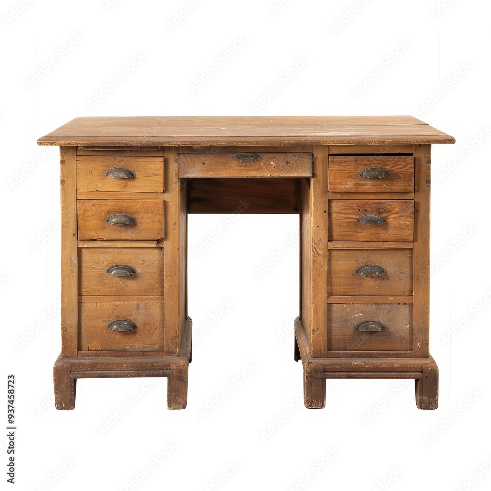 Antique wooden desk with multiple drawers and simple design. Isolated on white background. Antique wooden desk with multiple drawers and simple design. Isolated on white background.