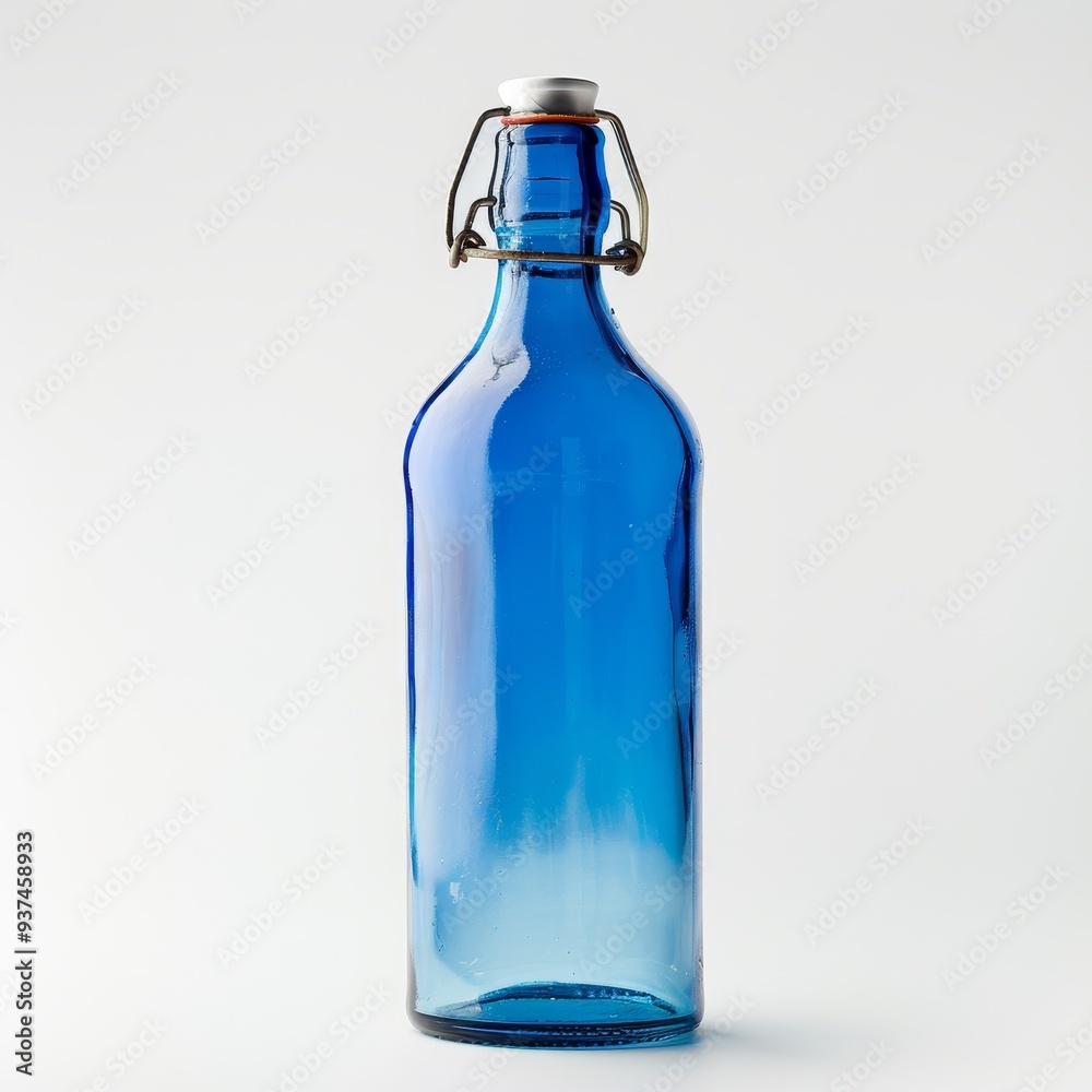 Blue glass bottle with wire closure, isolated on white background. Perfect for storing liquids or creating a rustic, vintage aesthetic. Blue glass bottle with wire closure, isolated on white background. Perfect for storing liquids or creating a rustic, vintage aesthetic.