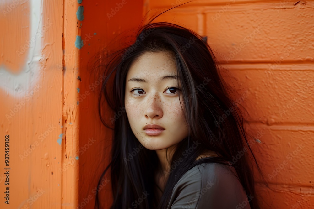 Fototapeta premium Portrait of a Young Woman with Freckles Against a Red Wall