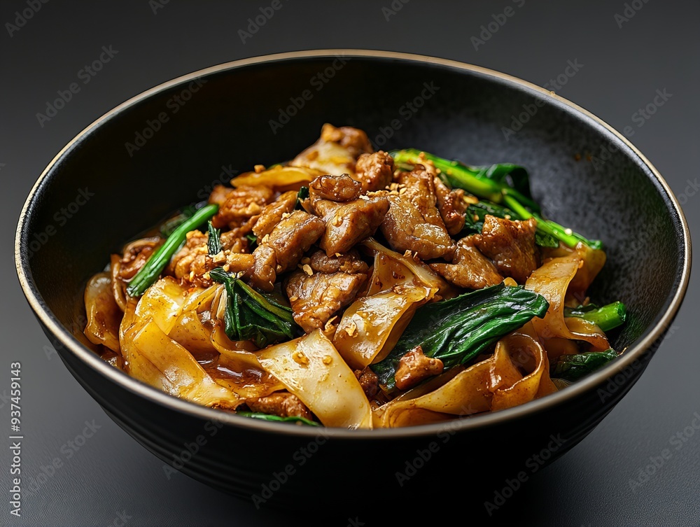 Pad See Ew Noodles with Pork and Vegetables in Black Bowl on Dark Background Pad See Ew Noodles with Pork and Vegetables in Black Bowl on Dark Background
