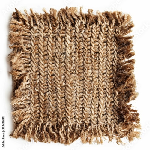 Close-up of a woven brown and beige jute fabric with frayed edges.