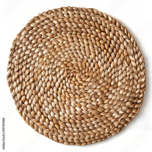 Close-up of a woven natural fiber round placemat with a spiral pattern.  The placemat is light brown in color and has a rustic texture. photo