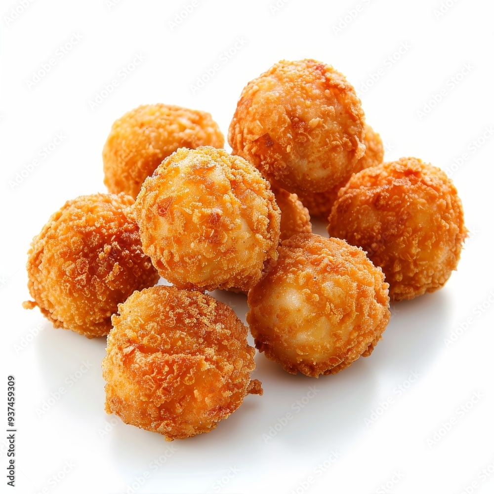 Close-up of crispy golden fried food balls on a white background. Close-up of crispy golden fried food balls on a white background.
