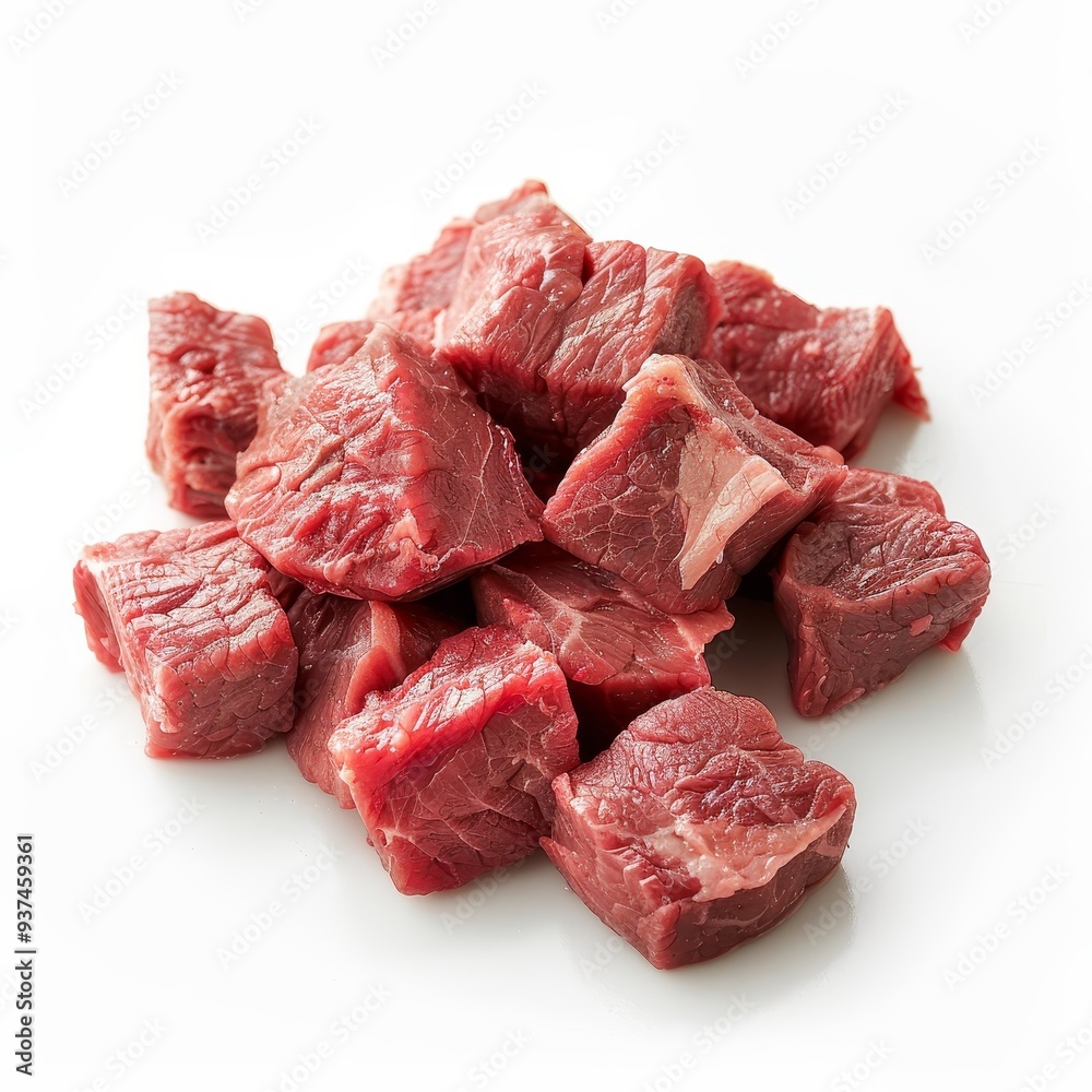 Close-up of fresh, raw diced beef on a white background. Close-up of fresh, raw diced beef on a white background.