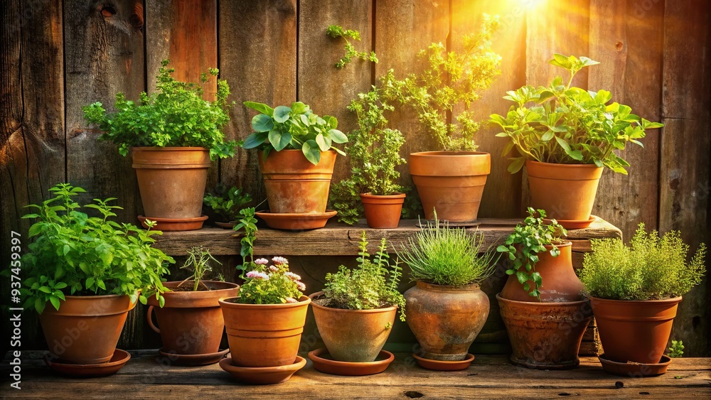 Earthy rustic textured terracotta pots overflowing with lush greenery against weathered wooden backdrop conveying serenity and warmth in soft golden morning light. Earthy rustic textured terracotta pots overflowing with lush greenery against weathered wooden backdrop conveying serenity and warmth in soft golden morning light.