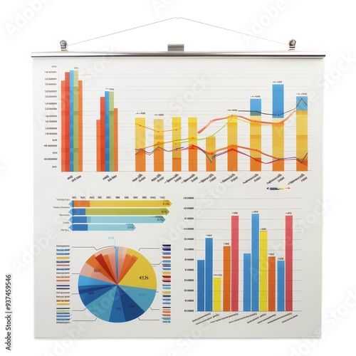 Colorful charts and graphs displayed on a white background. The chart includes line, bar, and pie charts.