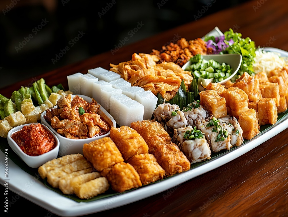 High-Quality Photograph of a Platter of Assorted Thai Appetizers, Traditional Asian Cuisine on a White Plate High-Quality Photograph of a Platter of Assorted Thai Appetizers, Traditional Asian Cuisine on a White Plate