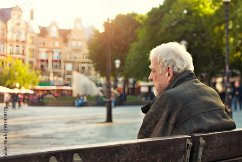 Elderly Man Sitting On A Bench Looking Out At City Square