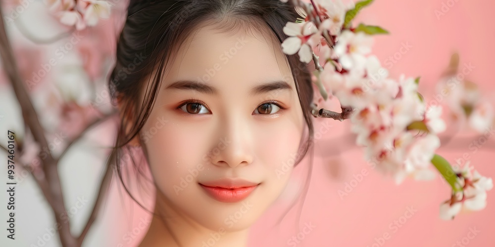 Close Up Portrait of a Beautiful Asian Woman with Cherry Blossom Close Up Portrait of a Beautiful Asian Woman with Cherry Blossom